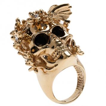 Alexander McQueen Gold-Tone Butterfly and Flower Skull Ring Size 51