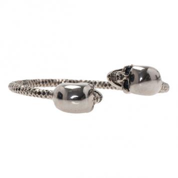 Alexander McQueen SilverTone Blue Crystal Twin Skull Bangle 19CM