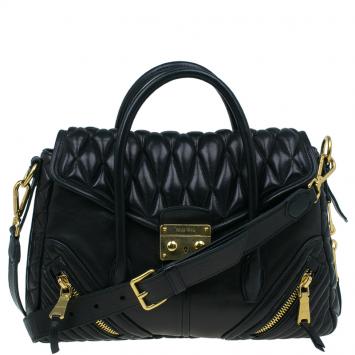 Miu Miu Black Quilted Nappa Biker Leather Zipper Satchel Bag
