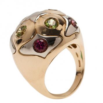 Bvlgari Vintage Garnet Peridot 18K White & Yellow Gold Ring Size 52.5