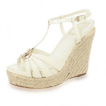 Christian Dior White Patent CD2 T Strap Espadrilles Wedges Size 37