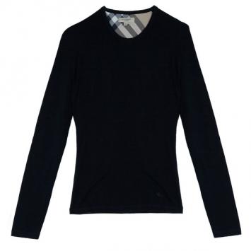Burberry Long Sleeve Black T-Shirt with Novacheck Sleeve Patch XS
