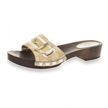 Gucci GG Canvas Icon Bit Wooden Clogs Size 38