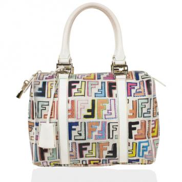 Fendi White Multi Color Zucca Forever Boston Bag