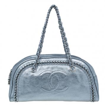 Chanel Metallic Silver Leather Chain Trim Luxe Ligne Bowler Bag