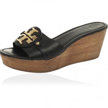 Tory Burch Black Leather "Patti 3" Mid Wedge Slide Size 40.5