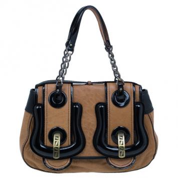 Fendi Brown Leather Patent Trim B Bag