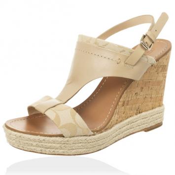 Coach Khaki Leather &amp; Signature Canvas Mendez Cork Wedges Sandals Size 39.5