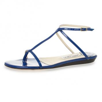 Jimmy Choo Blue Patent Leather Fiona T Strap Flat Sandals Size 39