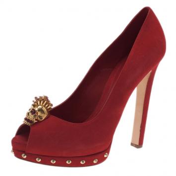 Alexander McQueen Red Suede Skull Embellished Platform Pumps Size 41