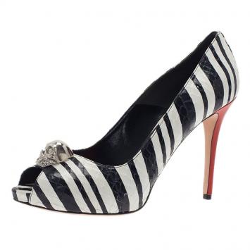 Alexander McQueen Striped Skull Embellished Peep Toe Pumps Size 41