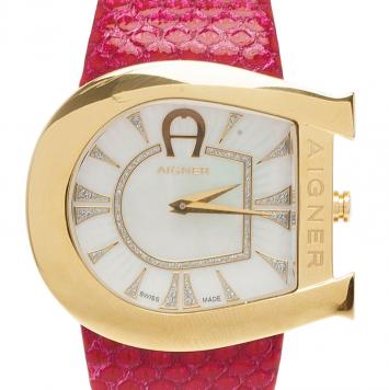 Aigner Genua Quartz Mother Of Pearl Diamond Dial Gold Tone Stainless Steel Pink Leatjher Womens Watch 37 MM