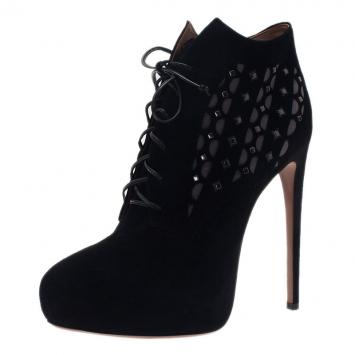 Azzedine Alaia Black Suede Laser Cut Ankle Boots Size 40
