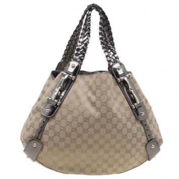 Gucci Beige Metallic Leather Trim Monogram Canvas Pelham Hobo