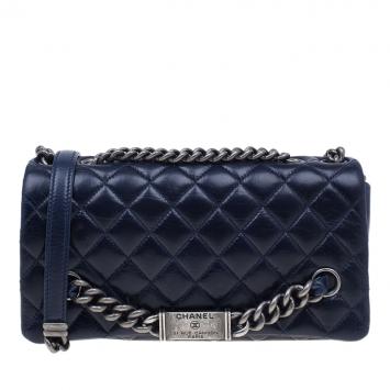 Chanel Navy Blue Crackled Leather with Chanel Name Plate Flap Bag