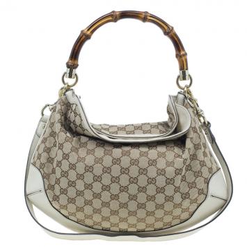 Gucci Beige Monogram Canvas Bamboo Handle Hobo Bag