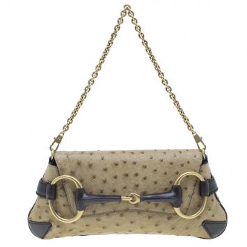 Gucci Beige Ostrich Leather Small Horsebit Clutch