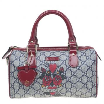 Gucci Red Leather Trim GG Coated Canvas Heart Tattoo Small Boston Bag
