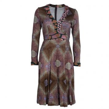 Issa Brown Geometric Long Sleeve Silk Jersey Dress M