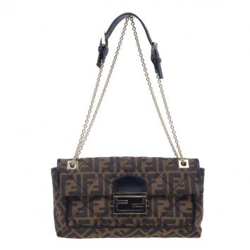 Fendi Brown Zucca Canvas Baguette Chain Flap Bag