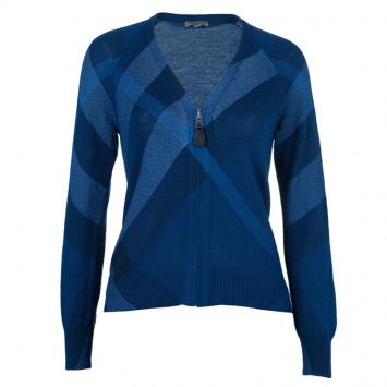 Burberry Blue Check Wool Cashmere Zip Front Cardigan M