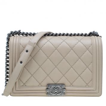 Chanel Beige Leather Large Quilted Stitched Boy Bag