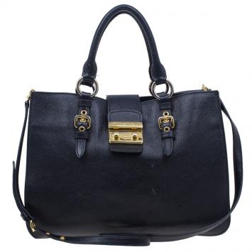 Miu Miu Black Leather Madras Executive Tote