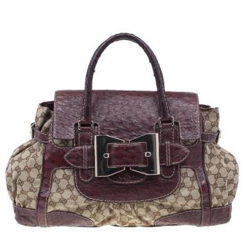 Gucci Brown Monogram Canvas Ostrich Leather Large Queen Top Handle Bag