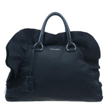 Prada Black Tessuto Ruffle Trim Bowler Bag