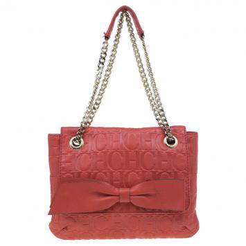 Carolina Herrera Red Monogram Leather Audrey Shoulder Bag