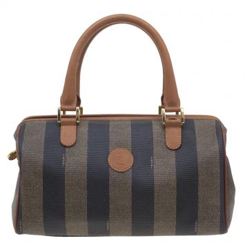 Fendi Brown Striped Pequin Canvas Vintage Boston Bag