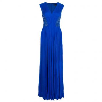 Tadashi Shoji Royal Blue Zardosi Embroidered Chiffon Ruched Dress S