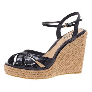Gucci Black Microguccissima Patent Leather Espadrille Wedges Size 37.5
