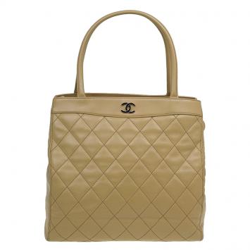 Chanel Beige Quilted Lambskin Leather Large Tote Bag