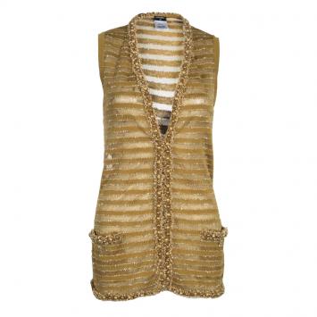 Pre Owned Chanel Ochre Pearl Embellished Sleeveless Vest Top S
