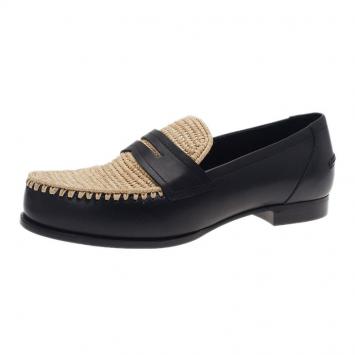 Bottega Veneta Black Leather and Raffia Loafers Size 39