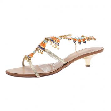 Giuseppe Zanotti Gold Leather Jeweled T-Strap Sandals Size 40