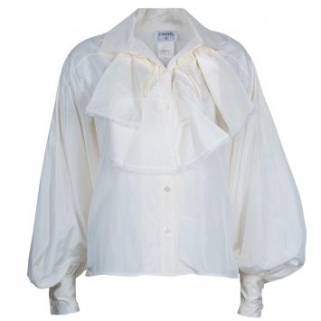 Pre Owned Chanel White Front Ruffle Silk Top S