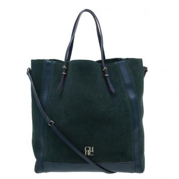 Carolina Herrera Green Suede and Leather Shopper Tote
