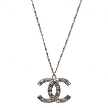 Chanel CC Crystal Silver Tone Pendant Necklace