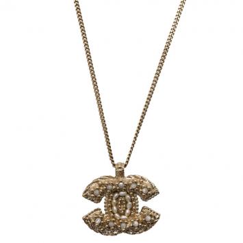 Chanel CC Faux Pearl Logo Pendant Necklace