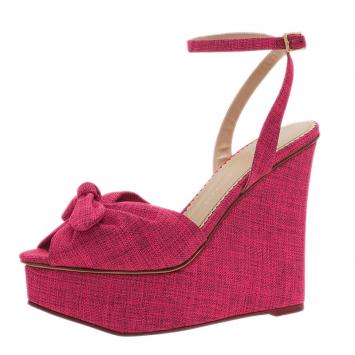 Charlotte Olympia Pink Canvas Miranda Wedge Sandals Size 40