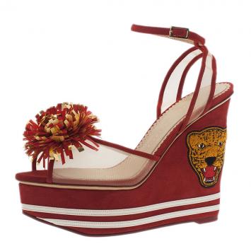 Charlotte Olympia Red Suede Team Spirit Varsity Wedge Sandals Size 39