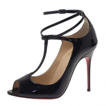 Christian Louboutin Black Patent Talitha T Strap Sandals Size 35