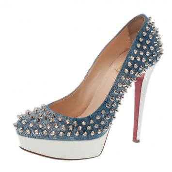 Christian Louboutin Denim Bianca Spike Platform Pumps Size 37