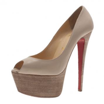 Christian Louboutin Nude Leather Jamie Platform Pumps Size 38.5