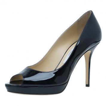 Jimmy Choo Black Patent Luna Peep Toe Pumps Size 38
