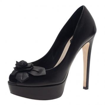 Dior Black Leather Rose Detail Peep Toe Pumps Size 38