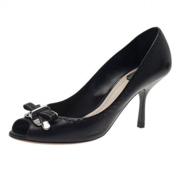 Dior Black Patent Leather Bow Peep Toe Pumps Size 40.5