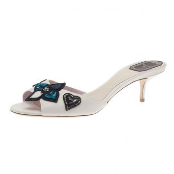Dior White Leather Sequin Flower Slides Size 40